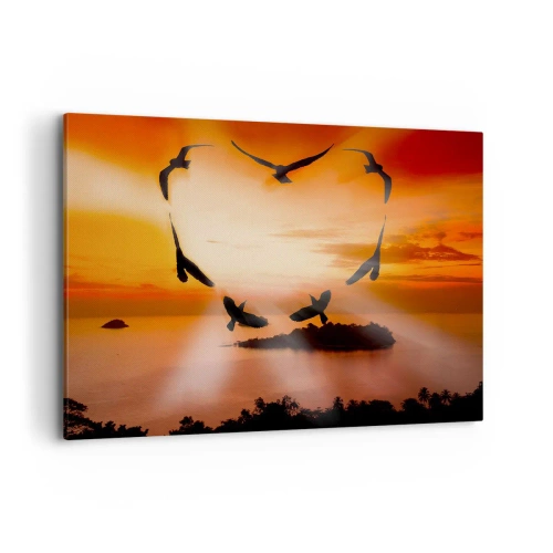 Impression sur toile - Image sur toile - Oiseaux formant un cœur sur fond de soleil couchant - 120x80cm - Aimer le monde comme les oiseaux - Décoration murale moderne pour le salon et la chambre ARTTOR