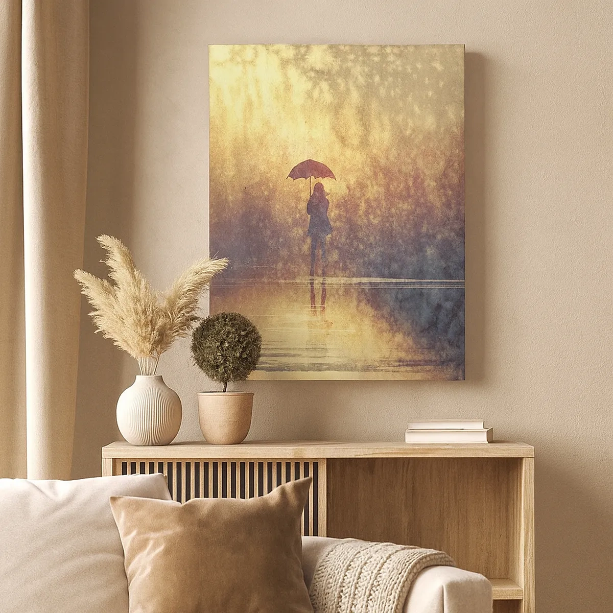 Impression sur toile - Image sur toile - Une silhouette avec un parapluie dans un paysage brumeux plein de reflets - 50x70cm - Je sens que quelqu'un me regarde - Décoration murale moderne pour le salon et la chambre ARTTOR