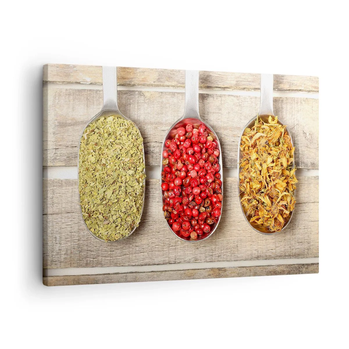 Impression sur toile - Image sur toile - Trois cuillères en métal avec des épices sur un fond en bois - 70x50cm - Magie de la cuisine - Décoration murale moderne pour le salon et la chambre ARTTOR