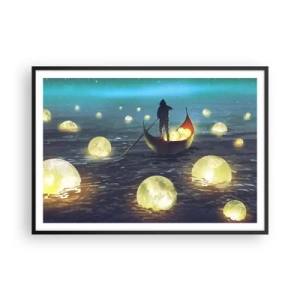 Affiche dans un cadre noir - Poster - Une silhouette dans un bateau entourée de boules lumineuses sur l'eau - 100x70cm - Des choses dont les philosophes n'ont jamais rêvé - Décoration murale moderne pour le salon et la chambre ARTTOR