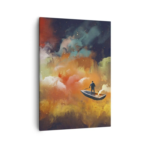 Impression sur toile - Image sur toile - Une silhouette dans un bateau sur un fond de nuages colorés - 50x70cm - En bateau à travers la galaxie - Décoration murale moderne pour le salon et la chambre ARTTOR