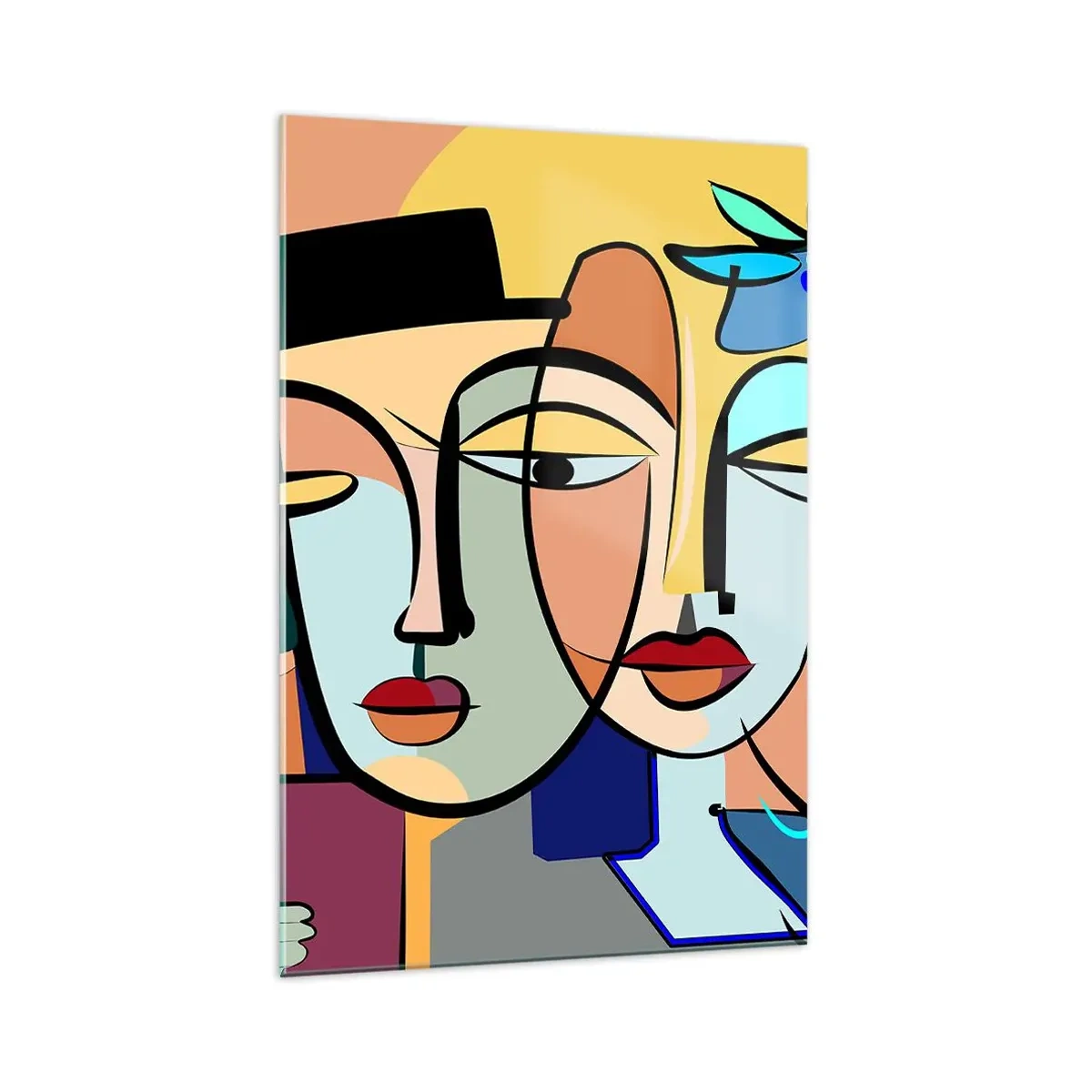 Impression sur verre - Image sur verre - Portraits cubistes aux couleurs vives avec un motif floral - 70x100cm - Le Rendez-vous de Picasso - Décoration murale moderne pour le salon et la chambre ARTTOR