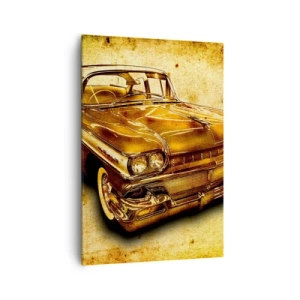 Impression sur toile - Image sur toile - Une voiture rétro classique dorée sur un fond vintage avec un effet vieilli. - 70x100cm - La beauté éternelle des classiques - Décoration murale moderne pour le salon et la chambre ARTTOR
