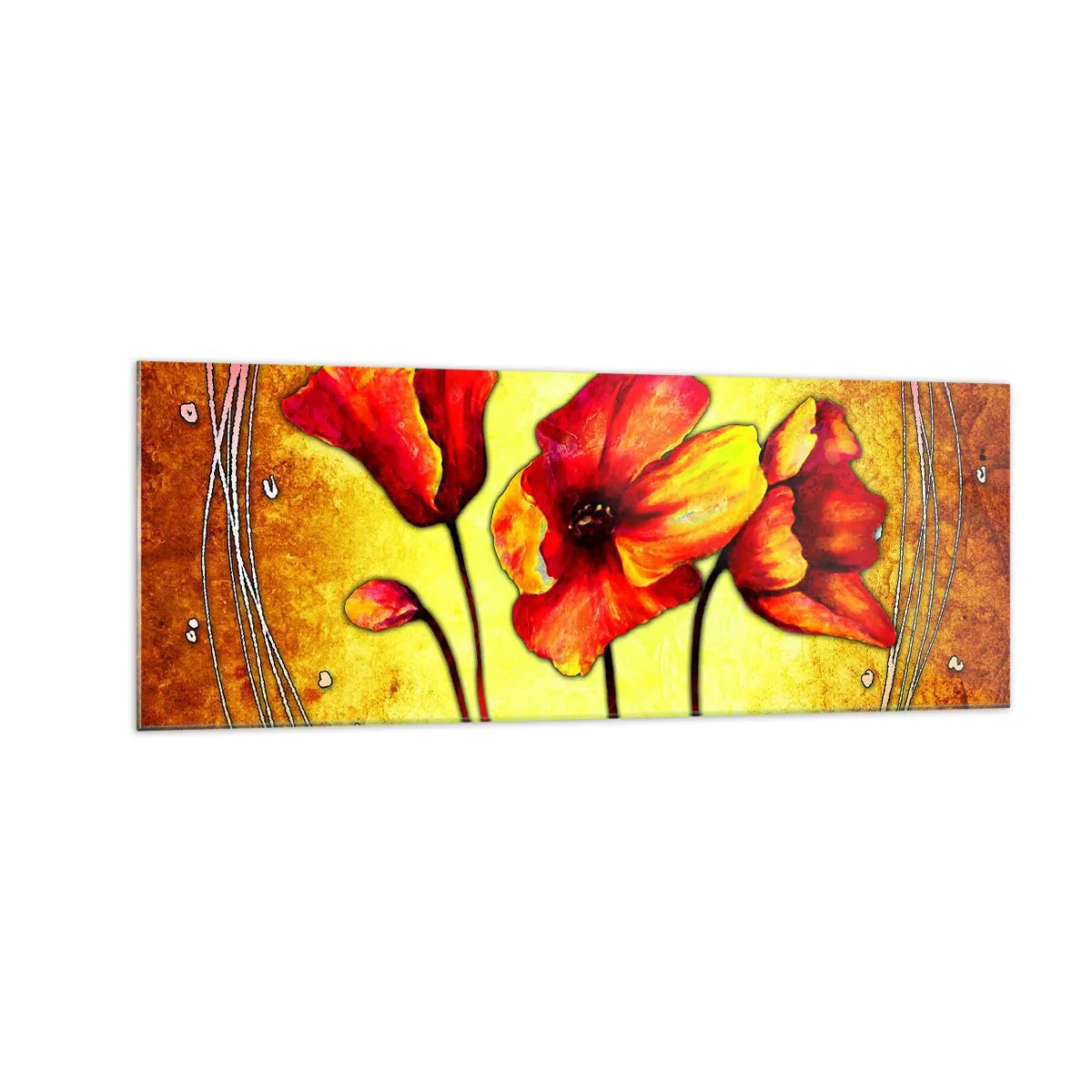 Impression sur verre - Image sur verre - Fleurs rouges et jaunes sur fond doré avec motifs décoratifs - 140x50cm - Dans la décoration Art Nouveau - Décoration murale moderne pour le salon et la chambre ARTTOR