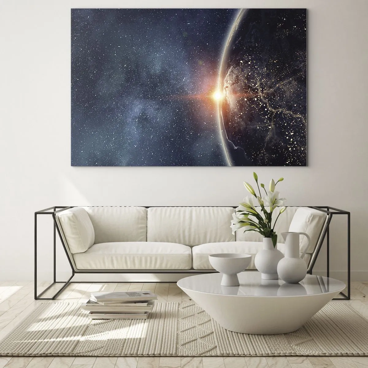Impression sur verre - Image sur verre - La Terre illuminée par les rayons du soleil dans l'espace - 100x70cm - Dans une nouvelle perspective - Décoration murale moderne pour le salon et la chambre ARTTOR