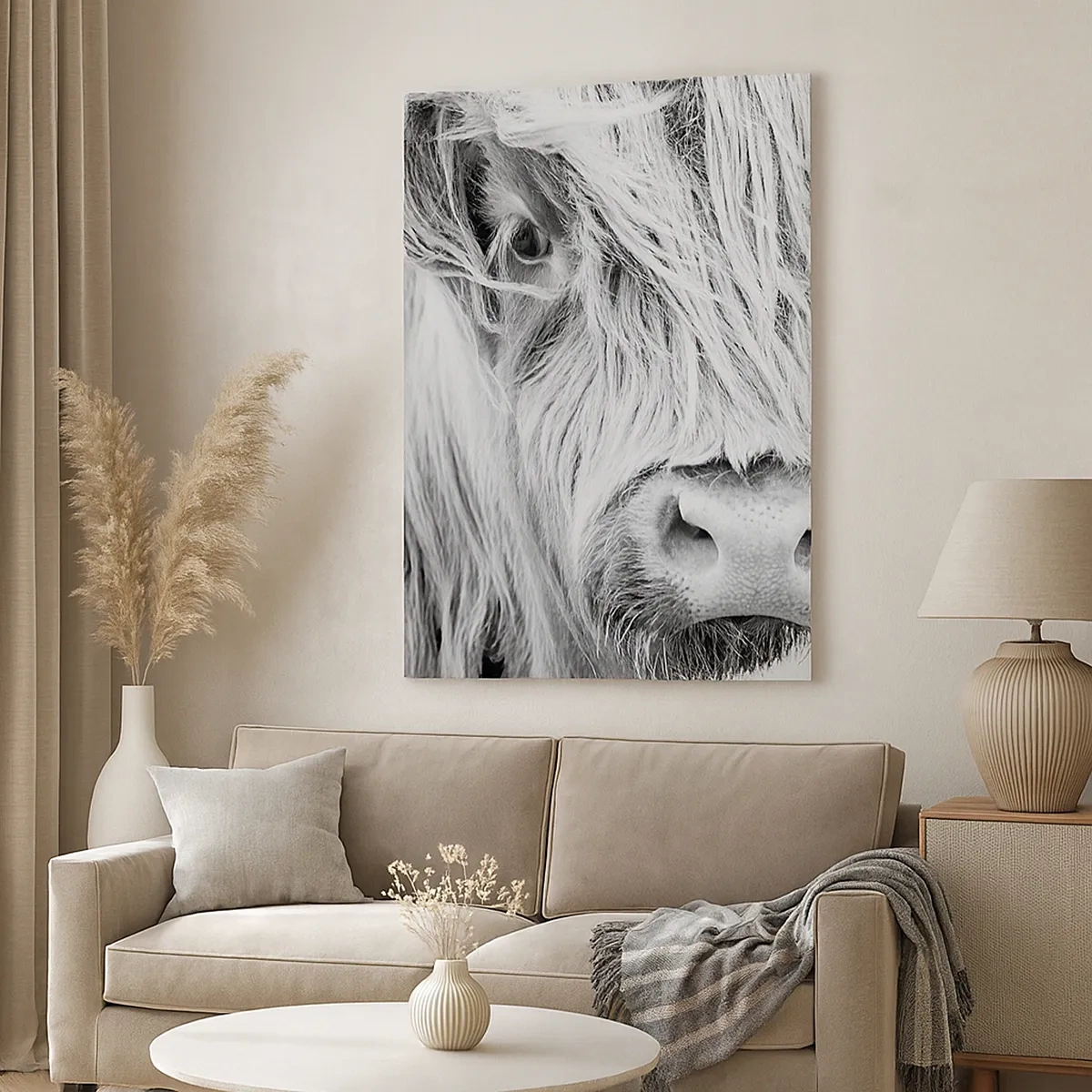Impression sur toile - Image sur toile - Portrait d'une vache écossaise en noir et blanc - 50x70cm - Sauvagerie écossaise - Décoration murale moderne pour le salon et la chambre ARTTOR