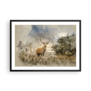 Affiche dans un cadre noir - Poster - Un cerf dans un cadre naturel dans un style aquarelle - 70x50cm - Dignité - force - majesté - Décoration murale moderne pour le salon et la chambre ARTTOR