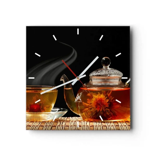 Horloge murale - Pendule murale - Théière en verre avec thé aux fleurs et une tasse - 30x30cm - La magie et l'art de l'infusion du thé - Décoration murale moderne pour le salon et la chambre ARTTOR
