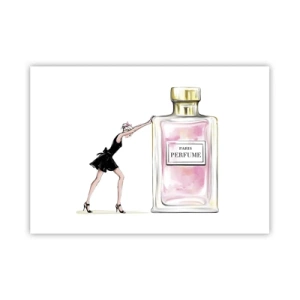 Affiche - Poster - Une femme en robe noire à côté d'un flacon de parfum - 100x70cm - L'essence des femmes - Décoration murale moderne pour le salon et la chambre ARTTOR