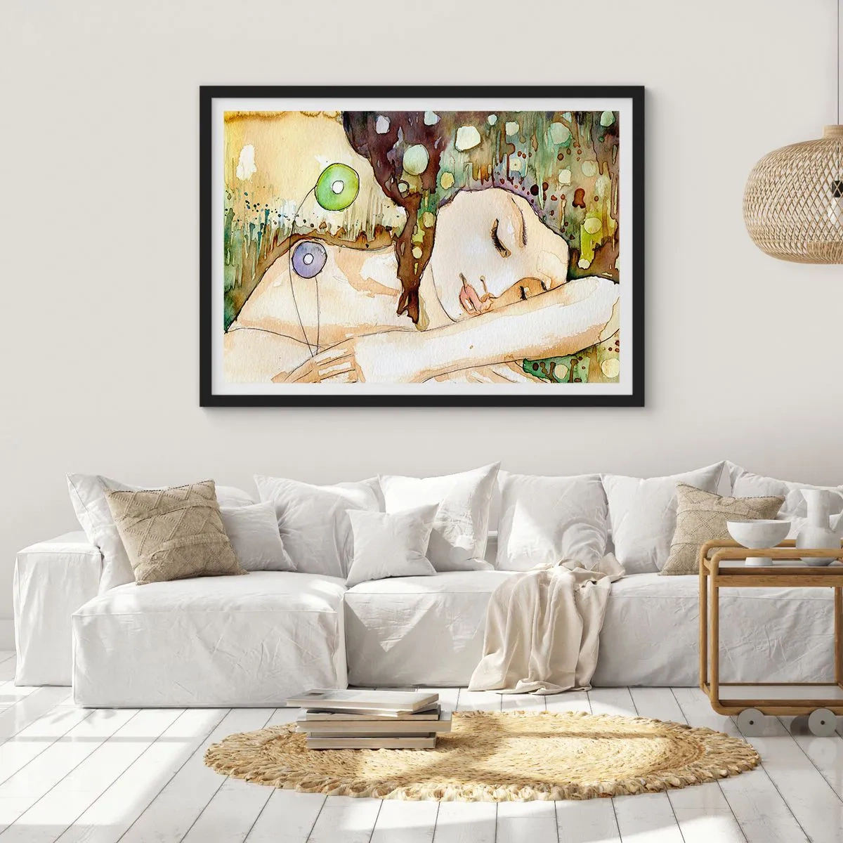 Affiche dans un cadre noir - Poster - Une femme rêvant entourée de formes et de couleurs abstraites. - 70x50cm - Un rêve violet émeraude - Décoration murale moderne pour le salon et la chambre ARTTOR