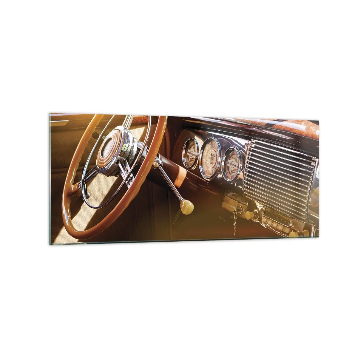 Impression sur verre - Image sur verre - Gros plan de l'intérieur d'une voiture classique avec des détails en bois et en chrome. - 120x50cm - Souffle de luxe venu du passé - Décoration murale moderne pour le salon et la chambre ARTTOR