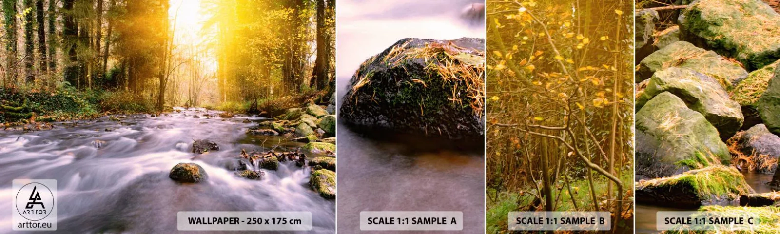 Échantillon De Papier Peint Standard Eco - Malachite dans un cadre argent et or - Paysage, Ruisseau de montagne, Forêt - 100x30 cm