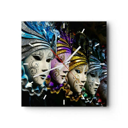 Horloge murale - Pendule murale - Masques vénitiens de différentes couleurs avec des motifs décoratifs - 30x30cm - Mystère en or et argent - Décoration murale moderne pour le salon et la chambre ARTTOR