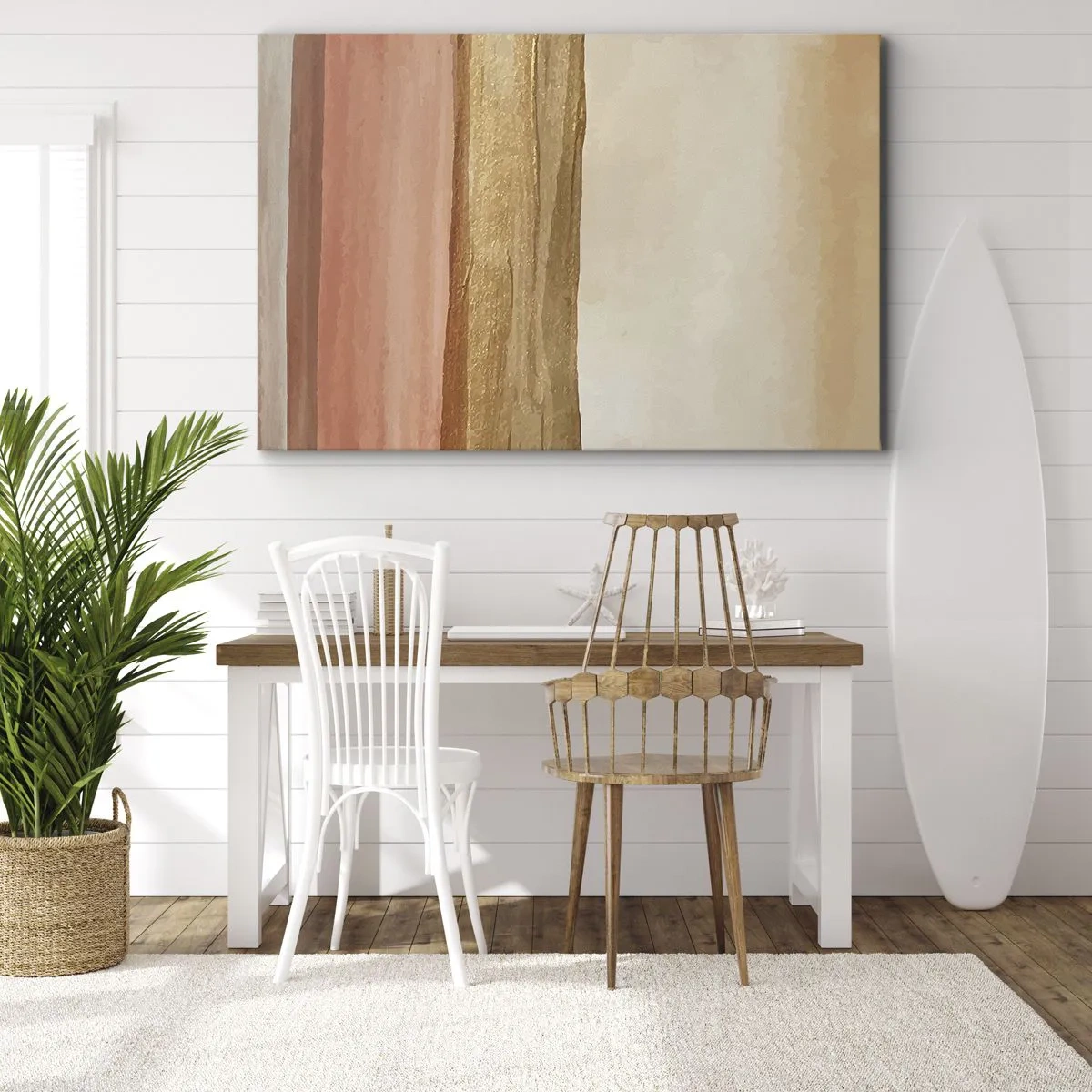 Impression sur toile - Image sur toile - Rayures abstraites dans les tons beige, or et rose sur toile - 120x80cm - Composition verticale - Décoration murale moderne pour le salon et la chambre ARTTOR