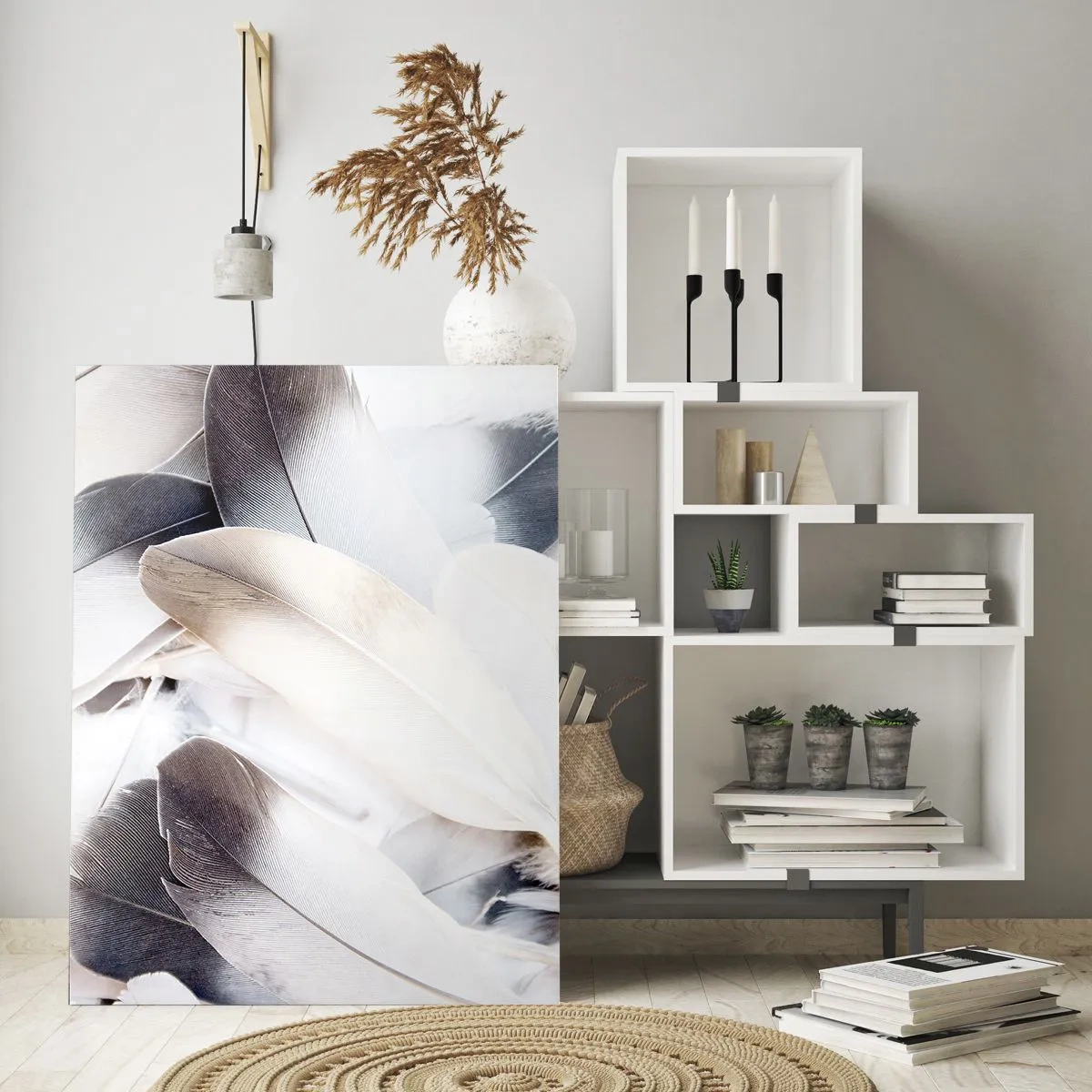 Impression sur verre - Image sur verre - Gros plan de plumes délicates dans des tons de blanc et de gris - 70x100cm - Presque angélique - Décoration murale moderne pour le salon et la chambre ARTTOR