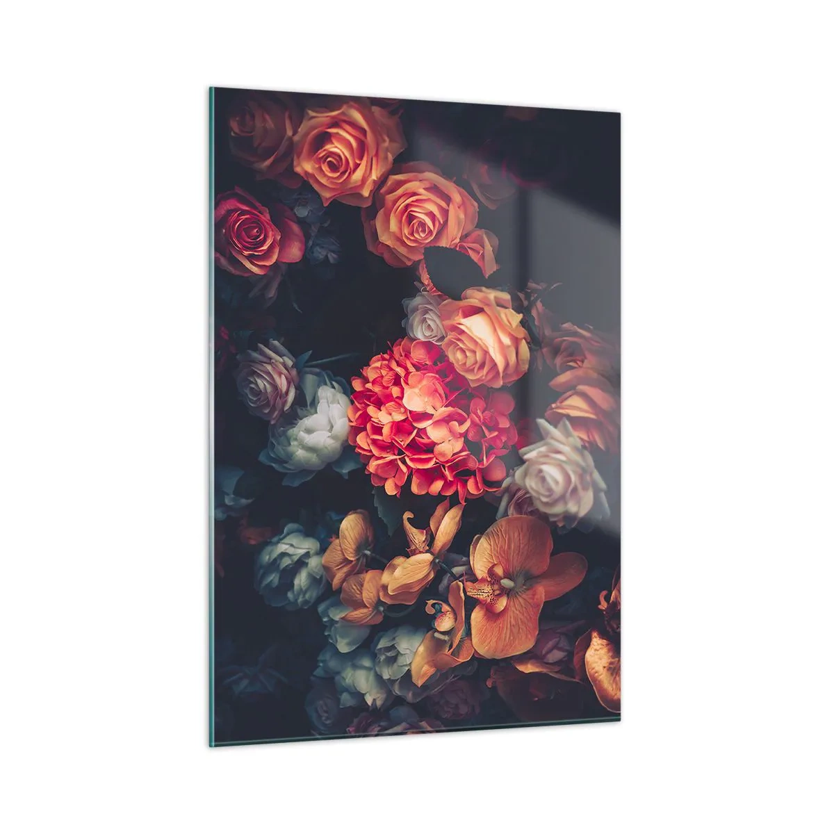Impression sur verre - Image sur verre - Composition florale sombre avec des roses et des orchidées - 50x70cm - Comme chez les maîtres hollandais - Décoration murale moderne pour le salon et la chambre ARTTOR