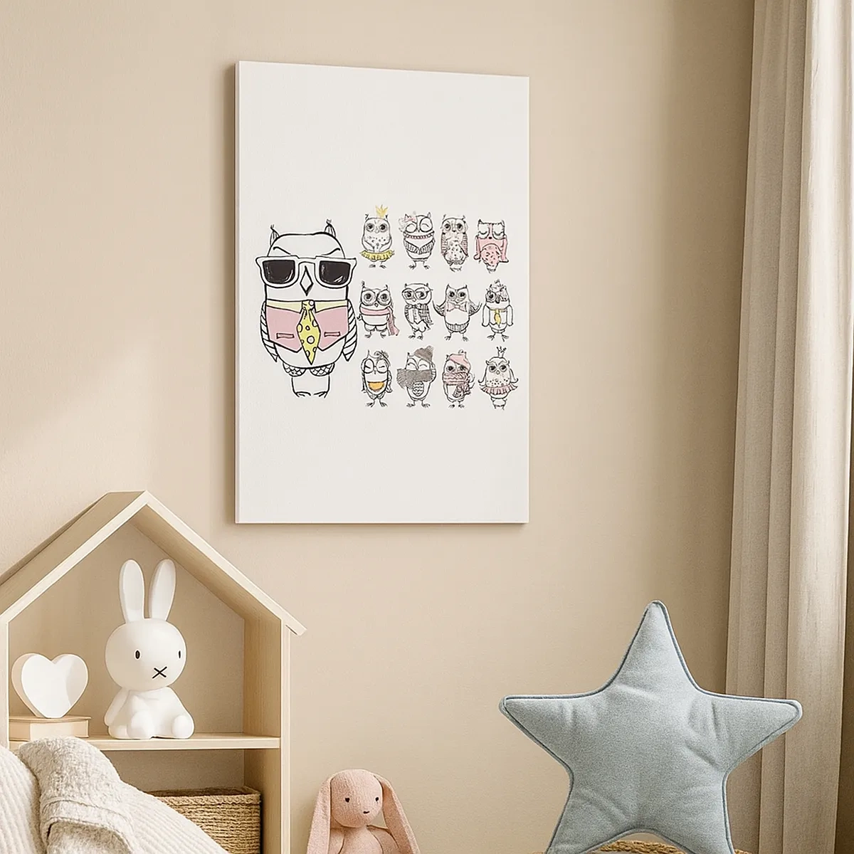 Impression sur toile - Image sur toile - Des hiboux dans différents styles et vêtements - 50x70cm - Tant de rôles à jouer - Décoration murale moderne pour le salon et la chambre ARTTOR