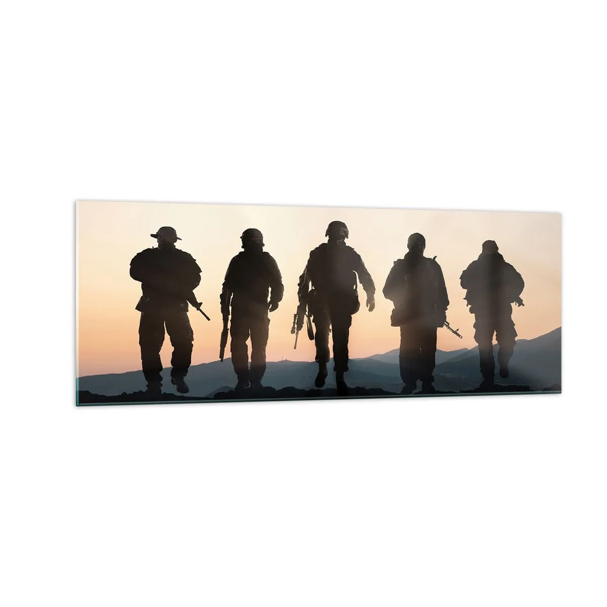 Impression sur verre - Image sur verre - Silhouettes de soldats et d'avions de chasse sur fond de coucher de soleil - 140x50cm - Bienvenue dans notre monde - Décoration murale moderne pour le salon et la chambre ARTTOR