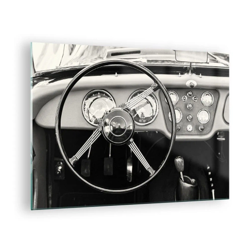 Impression sur verre - Image sur verre - Le volant et les horloges d'une voiture classique en sépia - 70x50cm - Rêve de collectionneur - Décoration murale moderne pour le salon et la chambre ARTTOR