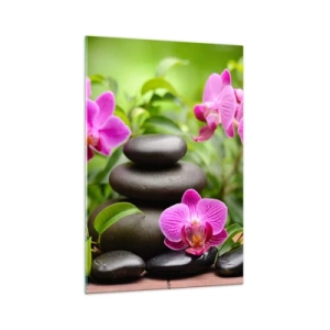 Impression sur verre - Image sur verre - Orchidées roses avec des pierres sur fond vert - 70x100cm - Pyramide de la Paix - Décoration murale moderne pour le salon et la chambre ARTTOR
