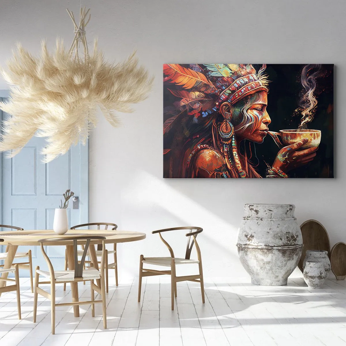 Impression sur toile - Image sur toile - Une figure colorée de style ethnique avec une tasse de boisson fumante - 120x80cm - Rituel magique - Décoration murale moderne pour le salon et la chambre ARTTOR