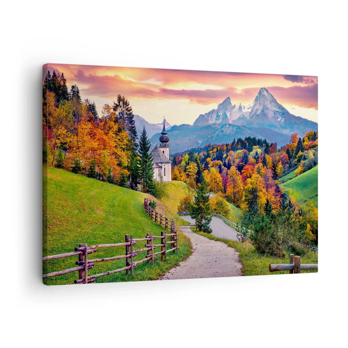 Impression sur toile - Image sur toile - Paysage de montagne d'automne avec une chapelle et un coucher de soleil - 70x50cm - Paysage comme peind - Décoration murale moderne pour le salon et la chambre ARTTOR