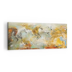Impression sur toile - Image sur toile - Des chevaux artistiques dans un cadre dynamique et coloré - 120x50cm - Au galop vers la lumière - Décoration murale moderne pour le salon et la chambre ARTTOR
