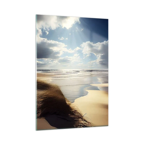 Impression sur verre - Image sur verre - Une plage sauvage illuminée par les rayons du soleil sous les nuages - 50x70cm - Plage, plage sauvage - Décoration murale moderne pour le salon et la chambre ARTTOR