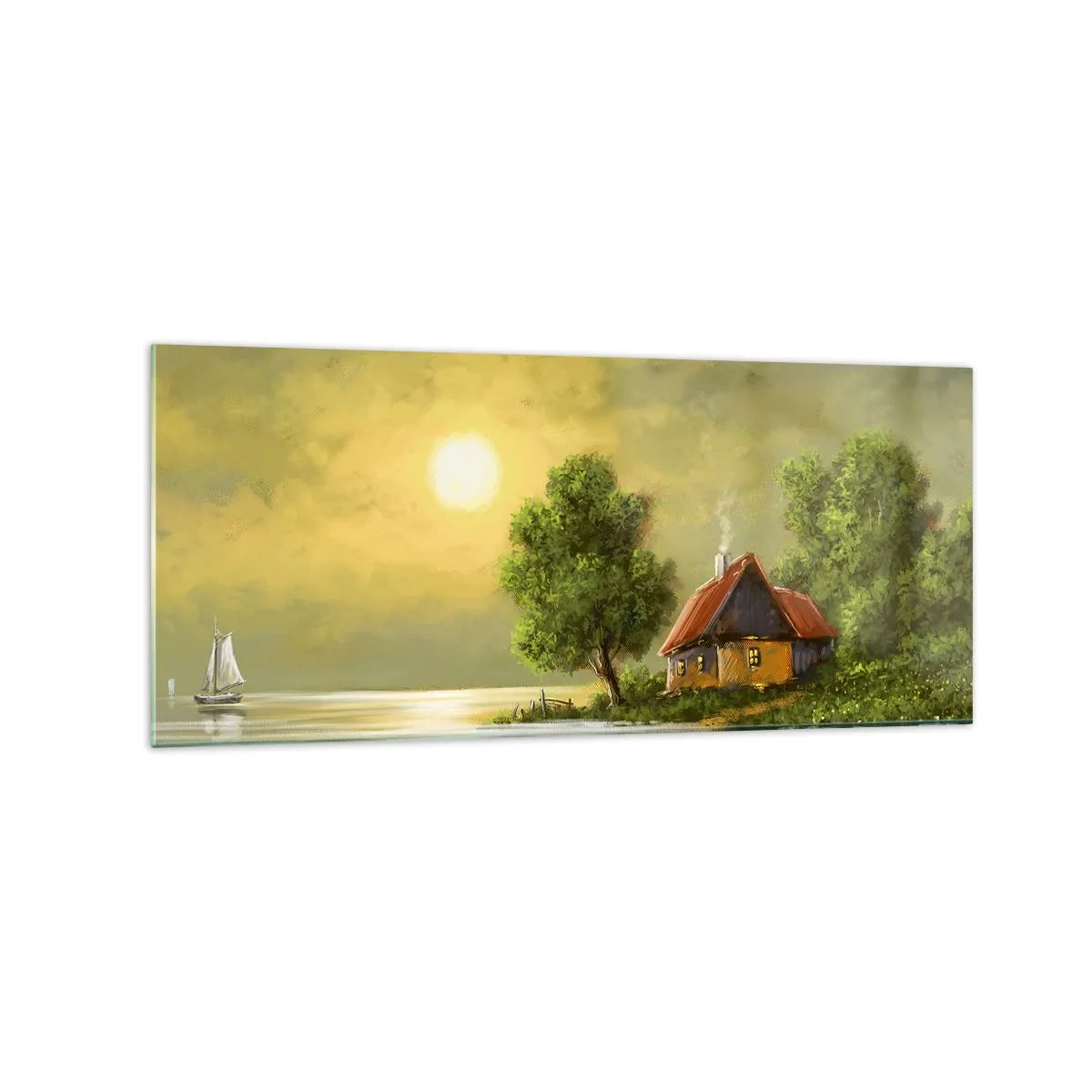 Impression sur verre - Image sur verre - Maison au bord du lac dans la lumière du coucher du soleil - 120x50cm - Beau, comme une image - Décoration murale moderne pour le salon et la chambre ARTTOR