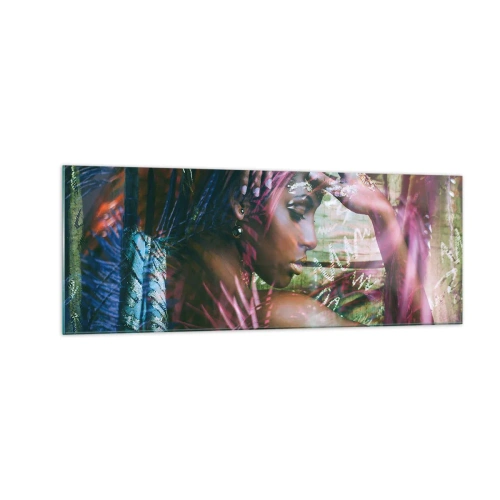 Impression sur verre - Image sur verre - Portrait d'une femme entourée d'une végétation exotique - 140x50cm - Dame Nature dans la jungle - Décoration murale moderne pour le salon et la chambre ARTTOR
