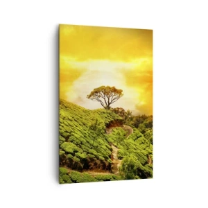 Impression sur toile - Image sur toile - Collines verdoyantes de plantations de thé au coucher du soleil - 80x120cm - Un chemin sinueux, une pente verte - Décoration murale moderne pour le salon et la chambre ARTTOR