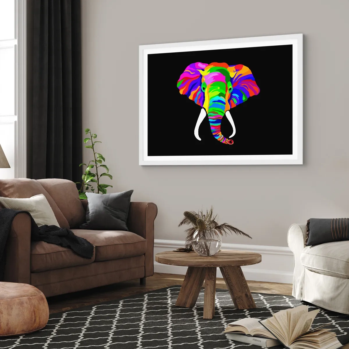 Affiche dans un cadre blanc - Poster - L'éléphant qui aimait se baigner dans un arc-en-ciel - 91x61 cm