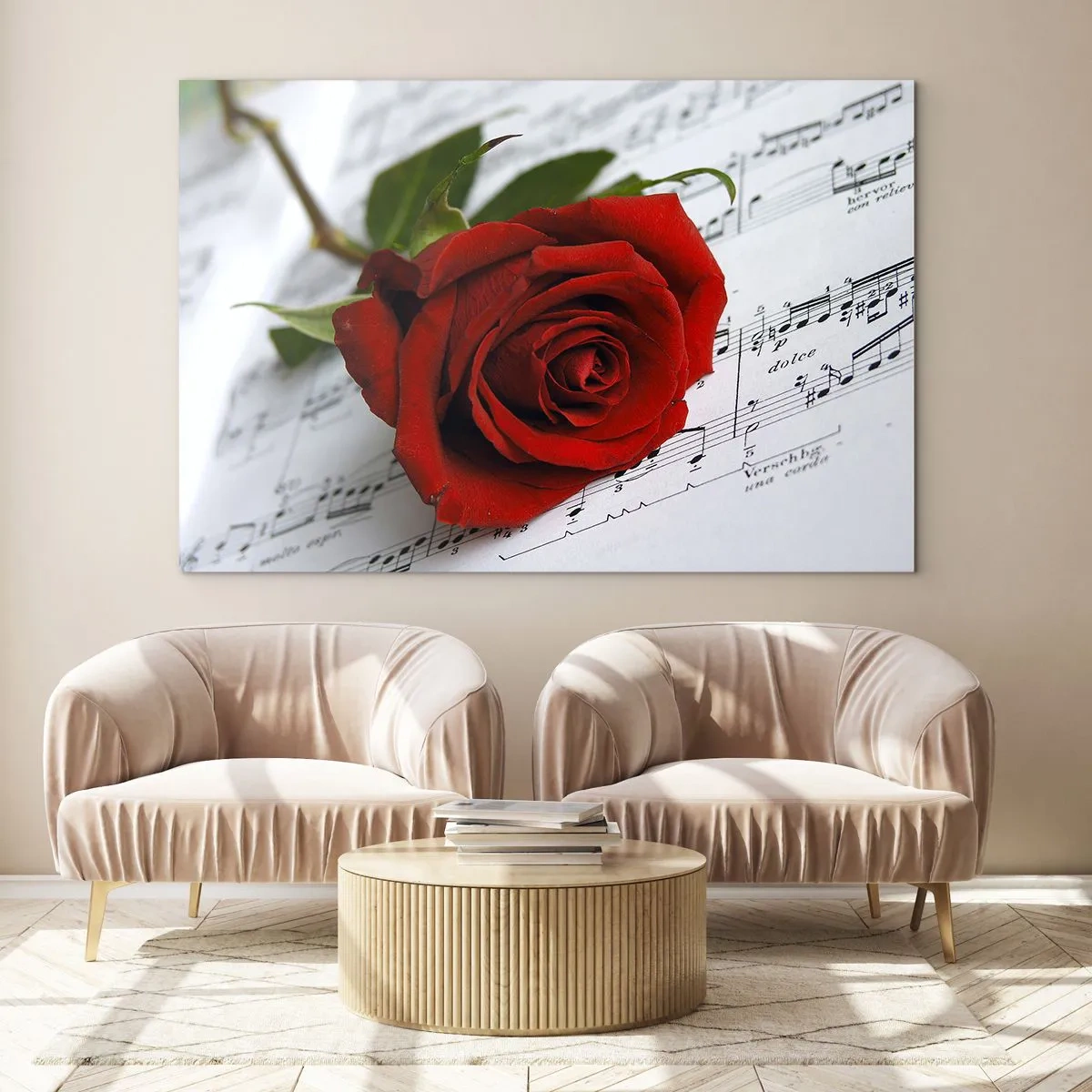 Impression sur verre - Image sur verre - Une rose rouge sur un fond de notes de musique - 100x70cm - Musique des sentiments en écarlate - Décoration murale moderne pour le salon et la chambre ARTTOR