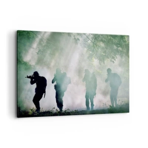 Impression sur toile - Image sur toile - Silhouettes de soldats dans une forêt entourée de brouillard - 120x80cm - Un pour tous… - Décoration murale moderne pour le salon et la chambre ARTTOR