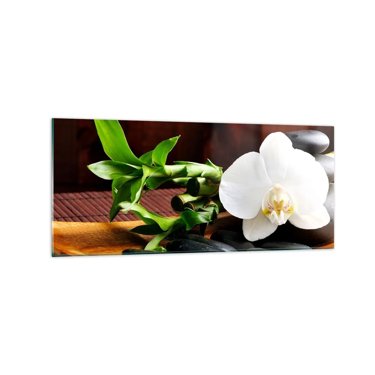 Impression sur verre - Image sur verre - Orchidée blanche avec bambou sur fond de pierre de style zen - 120x50cm - Cédez au contact de la nature - Décoration murale moderne pour le salon et la chambre ARTTOR