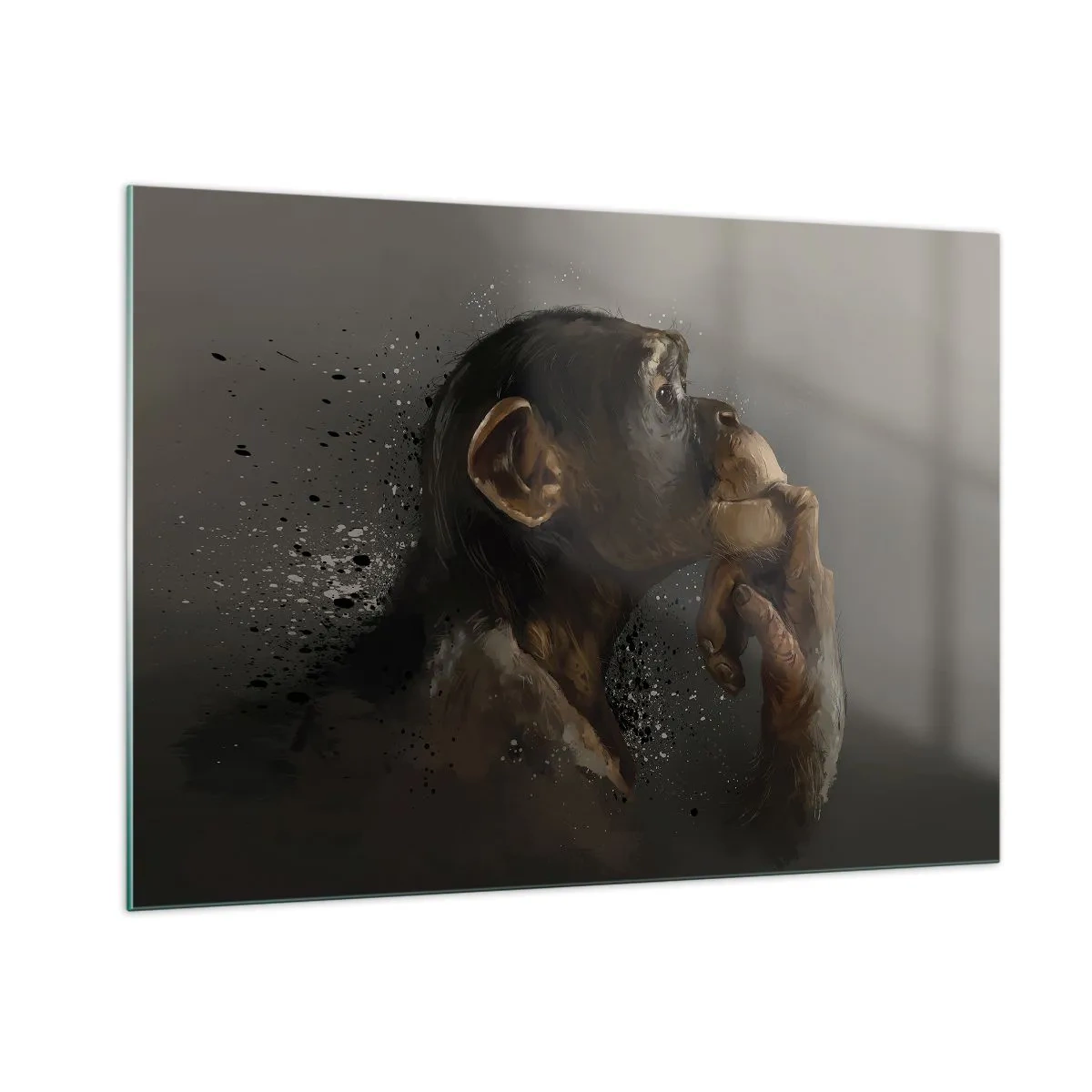 Impression sur verre - Image sur verre - Un singe pensif sur un fond sombre avec un effet d'éclaboussure - 100x70cm - Certainement un penseur - Décoration murale moderne pour le salon et la chambre ARTTOR
