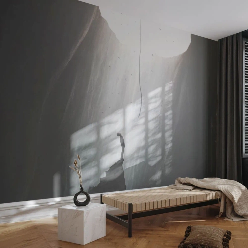 Papier Peint Photo Premium Sand - Silhouette d'un homme sur un rocher éclairé par la lumière d'en haut - 100x70cm - Il y a toujours une issue - Décoration murale moderne pour le salon et la chambre ARTTOR