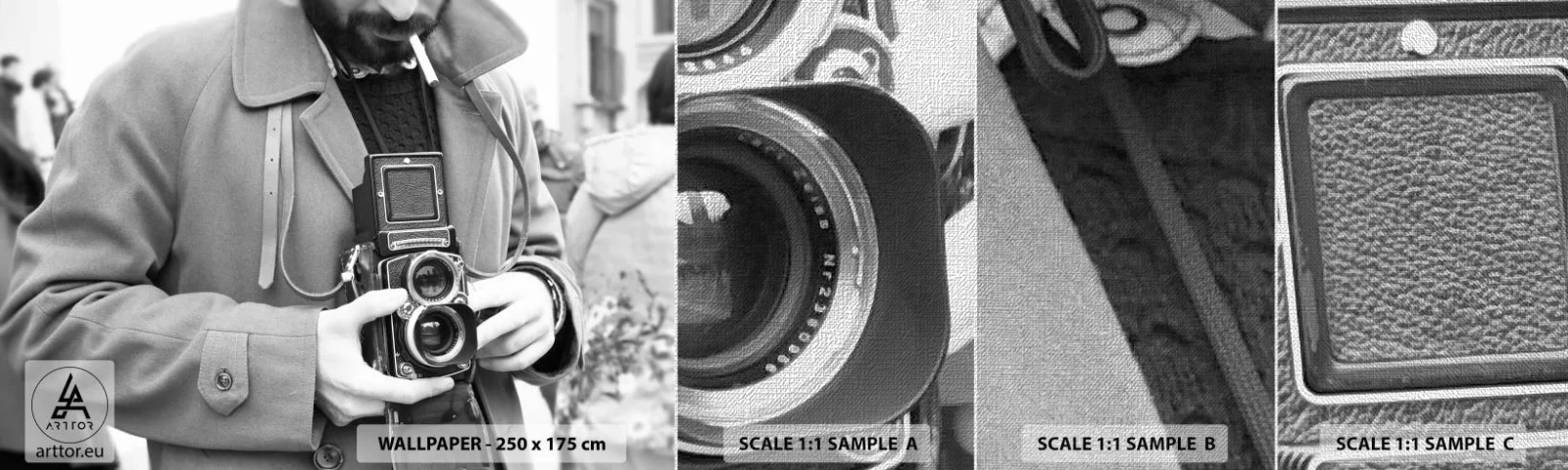 Échantillon de Papier Peint Premium Canvas - Dans un style rétro - Caméra, Ancien, Caméra - 100x30 cm