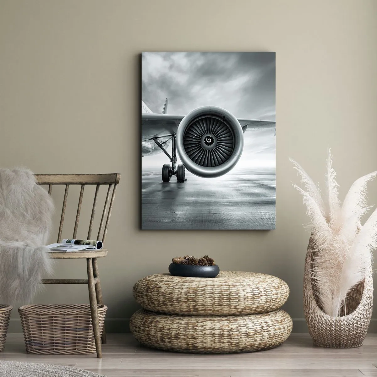 Impression sur toile - Image sur toile - Le réacteur d'un avion sur le tarmac - 50x70cm - Sent la force! - Décoration murale moderne pour le salon et la chambre ARTTOR