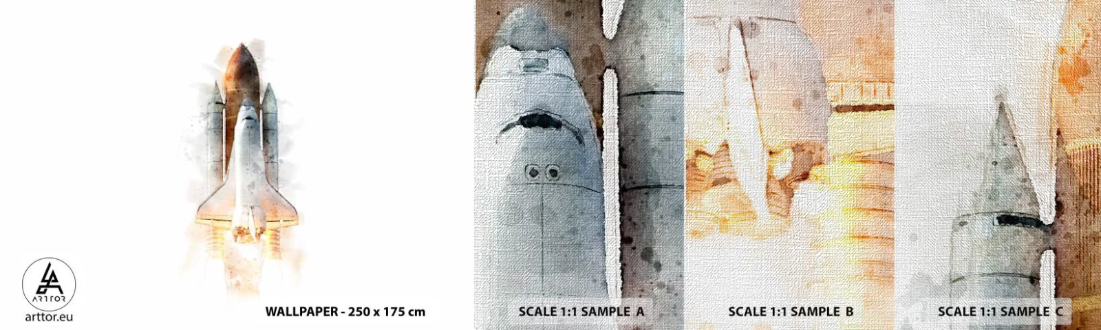 Échantillon de Papier Peint Premium Canvas - Des explorateurs pour commencer - Une fusée spatiale, Cosmos, Minimalisme - 100x30 cm