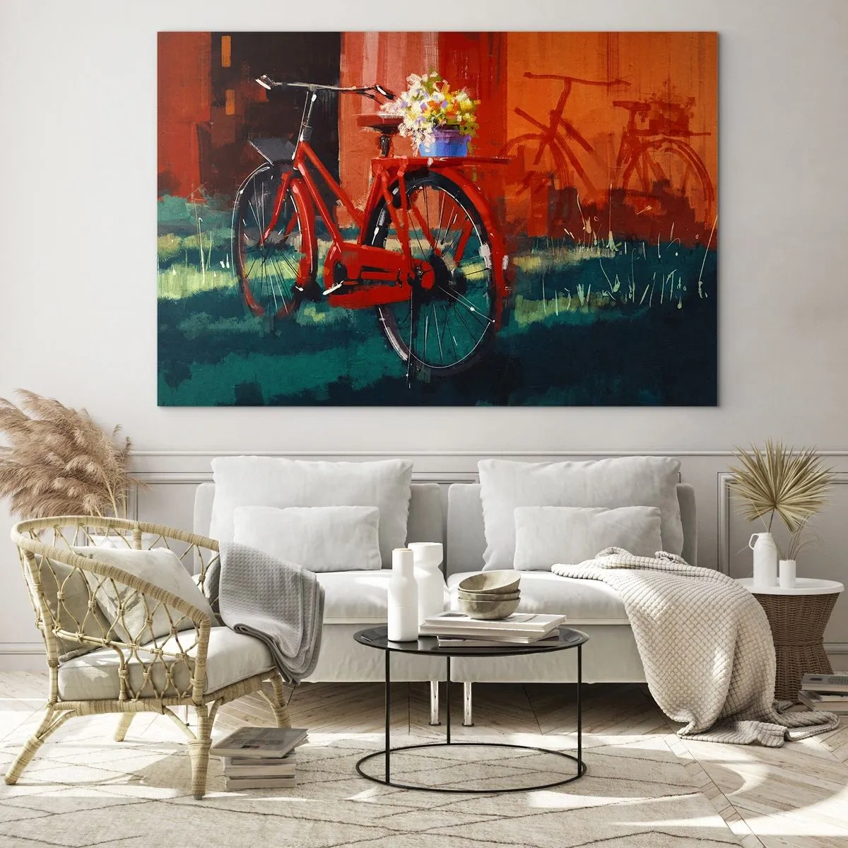 Impression sur verre - Image sur verre - Un vélo rouge avec des fleurs devant un bâtiment rouge - 70x50cm - I want to ride my bicycle - Décoration murale moderne pour le salon et la chambre ARTTOR