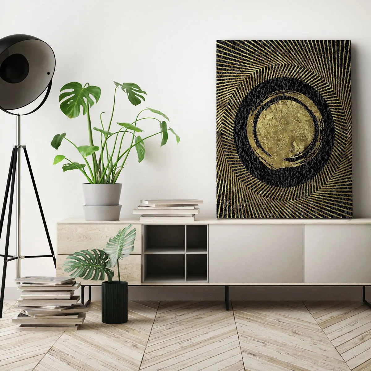Impression sur toile - Image sur toile - Composition géométrique en noir et or avec des rayons - 80x120cm - Composition glamour - Décoration murale moderne pour le salon et la chambre ARTTOR