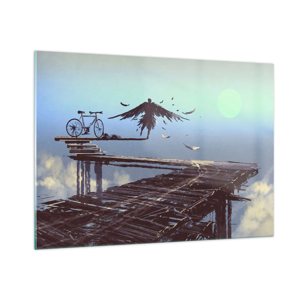 Impression sur verre - Image sur verre - Une silhouette avec un vélo sur un pont en bois au-dessus des nuages - 100x70cm - Icare est toujours vivant - Décoration murale moderne pour le salon et la chambre ARTTOR