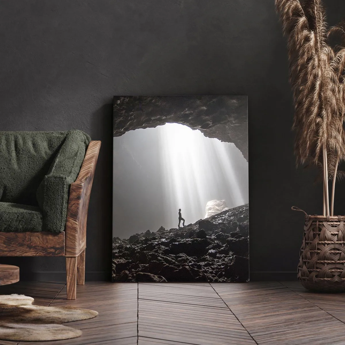 Impression sur toile - Image sur toile - Une figure dans une grotte éclairée par des rayons de lumière - 50x70cm - Grotte lumineuse - Décoration murale moderne pour le salon et la chambre ARTTOR
