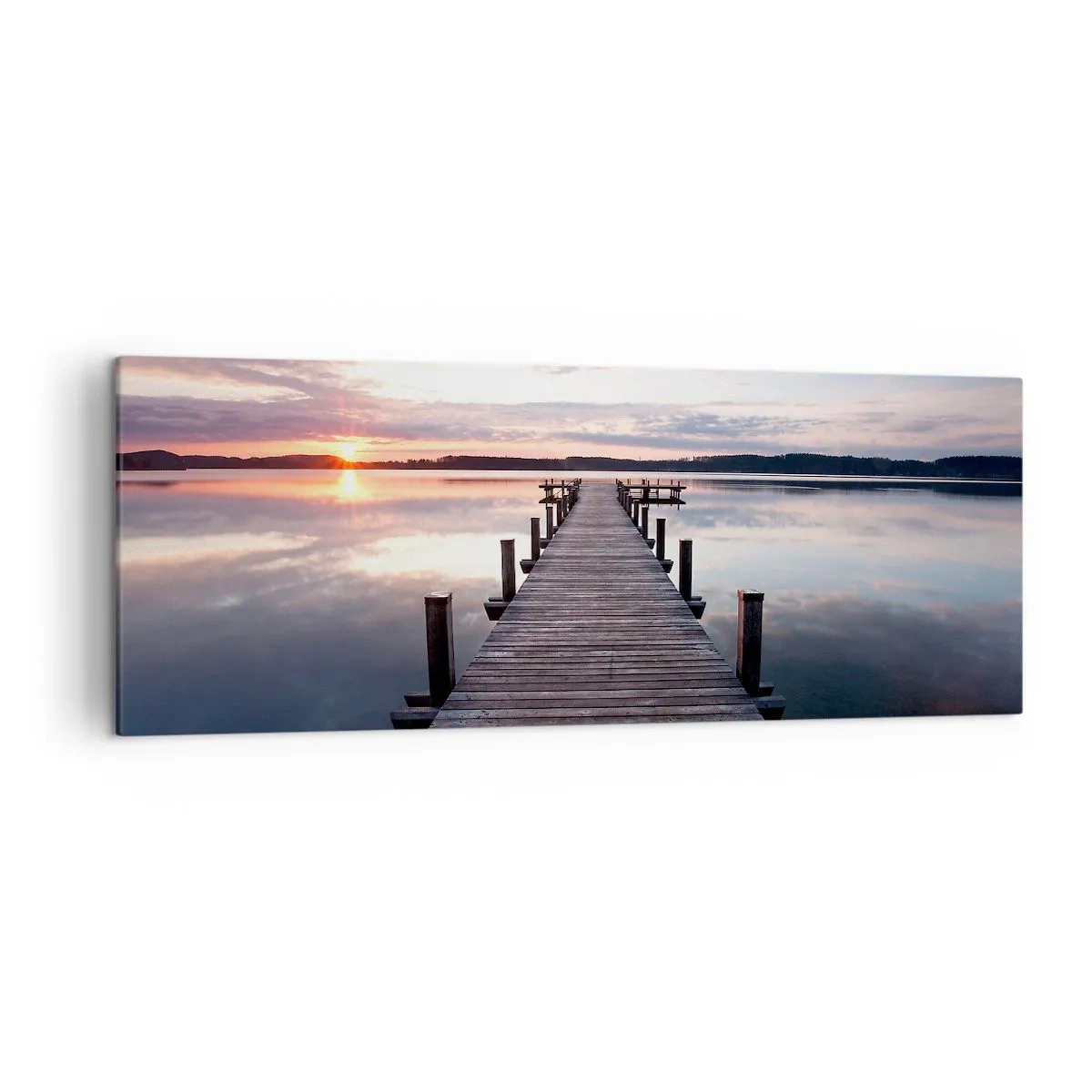 Impression sur toile - Image sur toile - Une jetée sur un lac au coucher du soleil dans un paysage paisible - 140x50cm - Une frontière tranquille entre le jour et la nuit - Décoration murale moderne pour le salon et la chambre ARTTOR