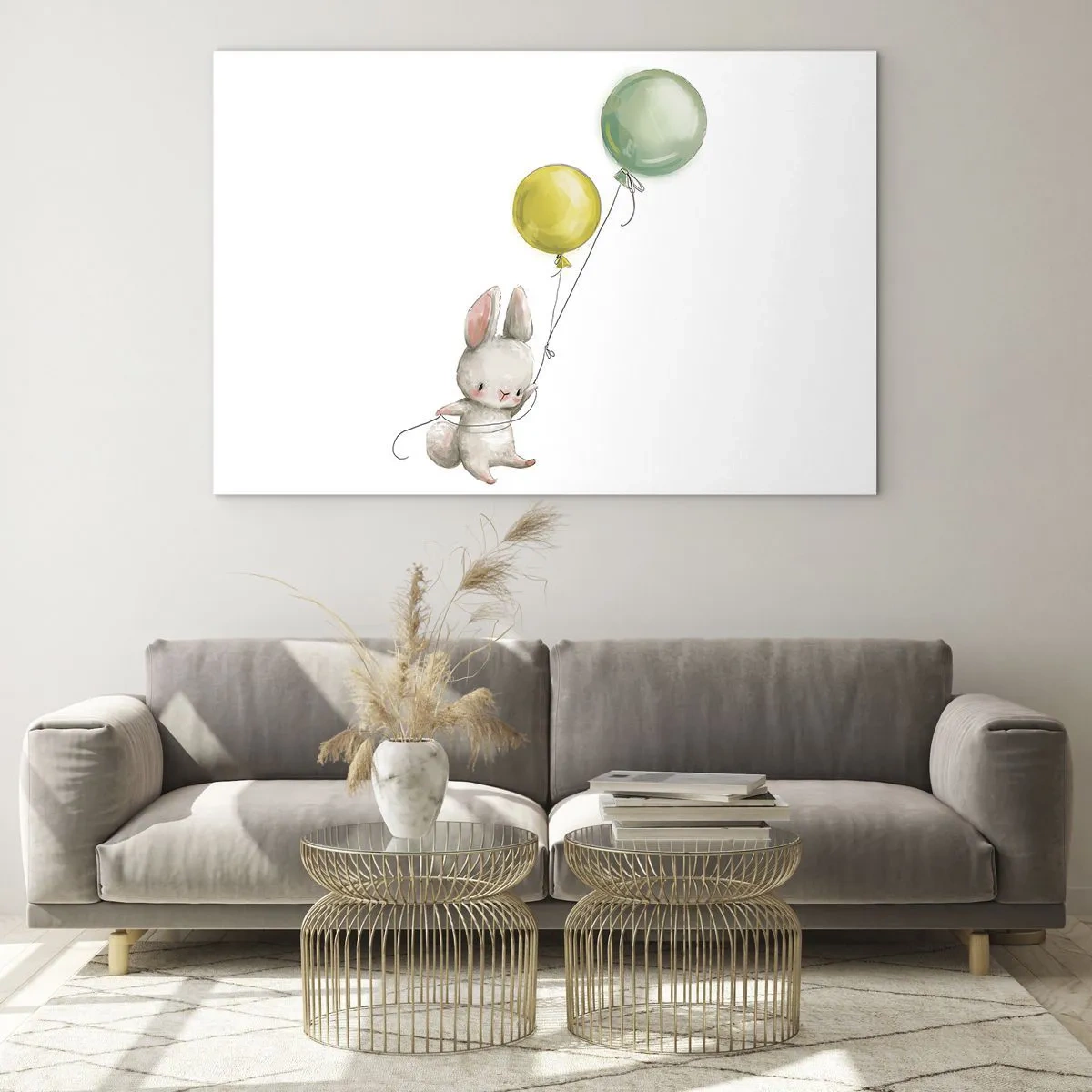 Impression sur verre - Image sur verre - Un lapin tenant deux ballons - 70x50cm - Moi aussi je vole! - Décoration murale moderne pour le salon et la chambre ARTTOR