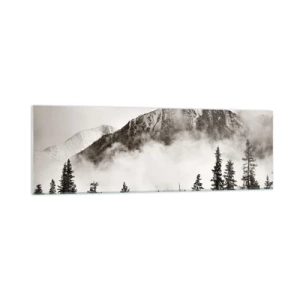 Impression sur verre - Image sur verre - Un sommet de montagne pittoresque entouré de brouillard et d'une forêt aux tons sépia - 160x50cm - Seigneur de granite - Décoration murale moderne pour le salon et la chambre ARTTOR