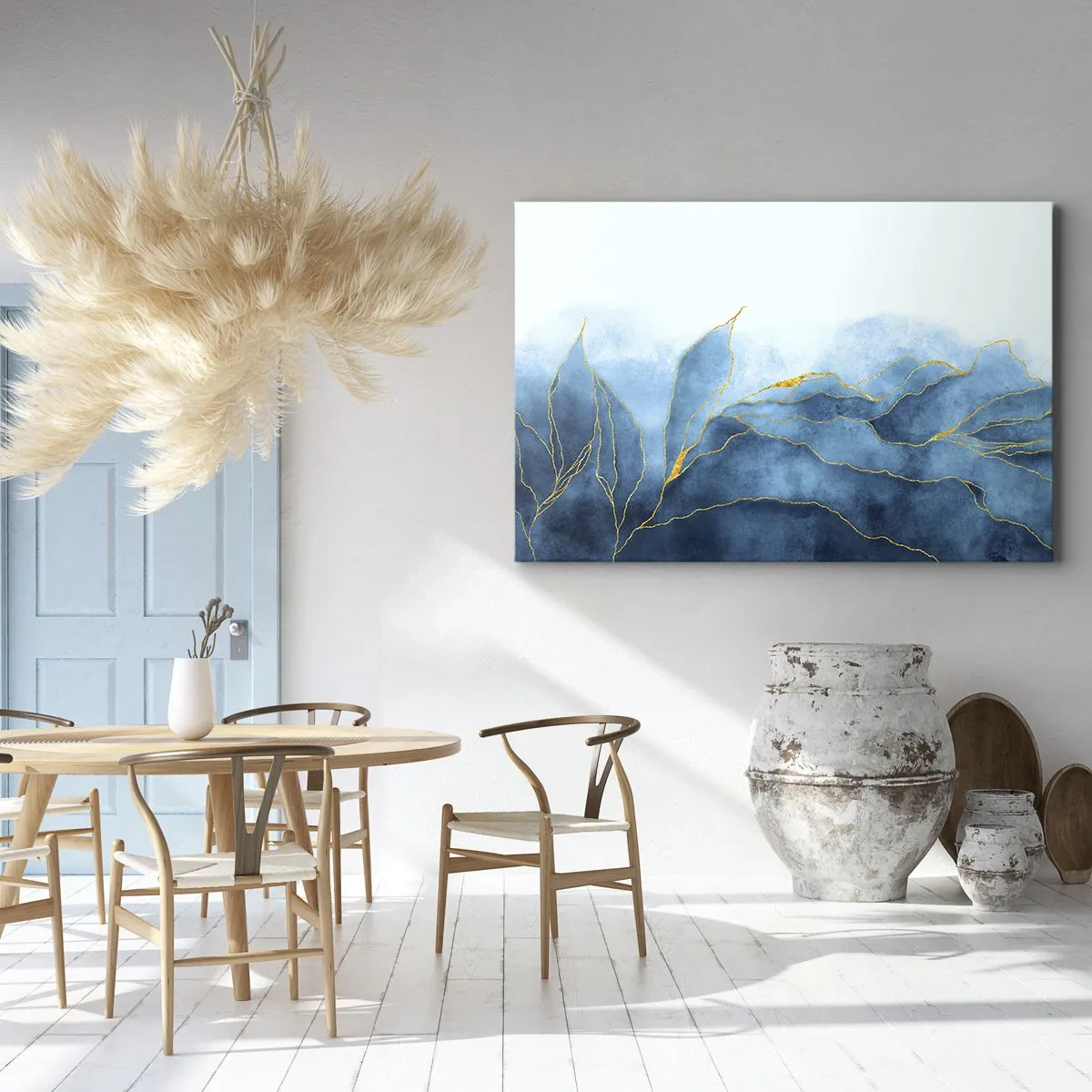 Impression sur toile - Image sur toile - Vagues abstraites dans des tons de bleu avec des accents dorés - 70x50cm - Bleu doré - Décoration murale moderne pour le salon et la chambre ARTTOR