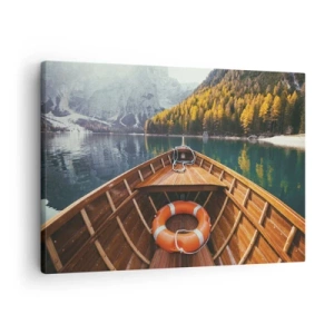 Impression sur toile - Image sur toile - Un bateau en bois sur un lac de montagne entouré de forêt - 70x50cm - Escapade en montagne - Décoration murale moderne pour le salon et la chambre ARTTOR