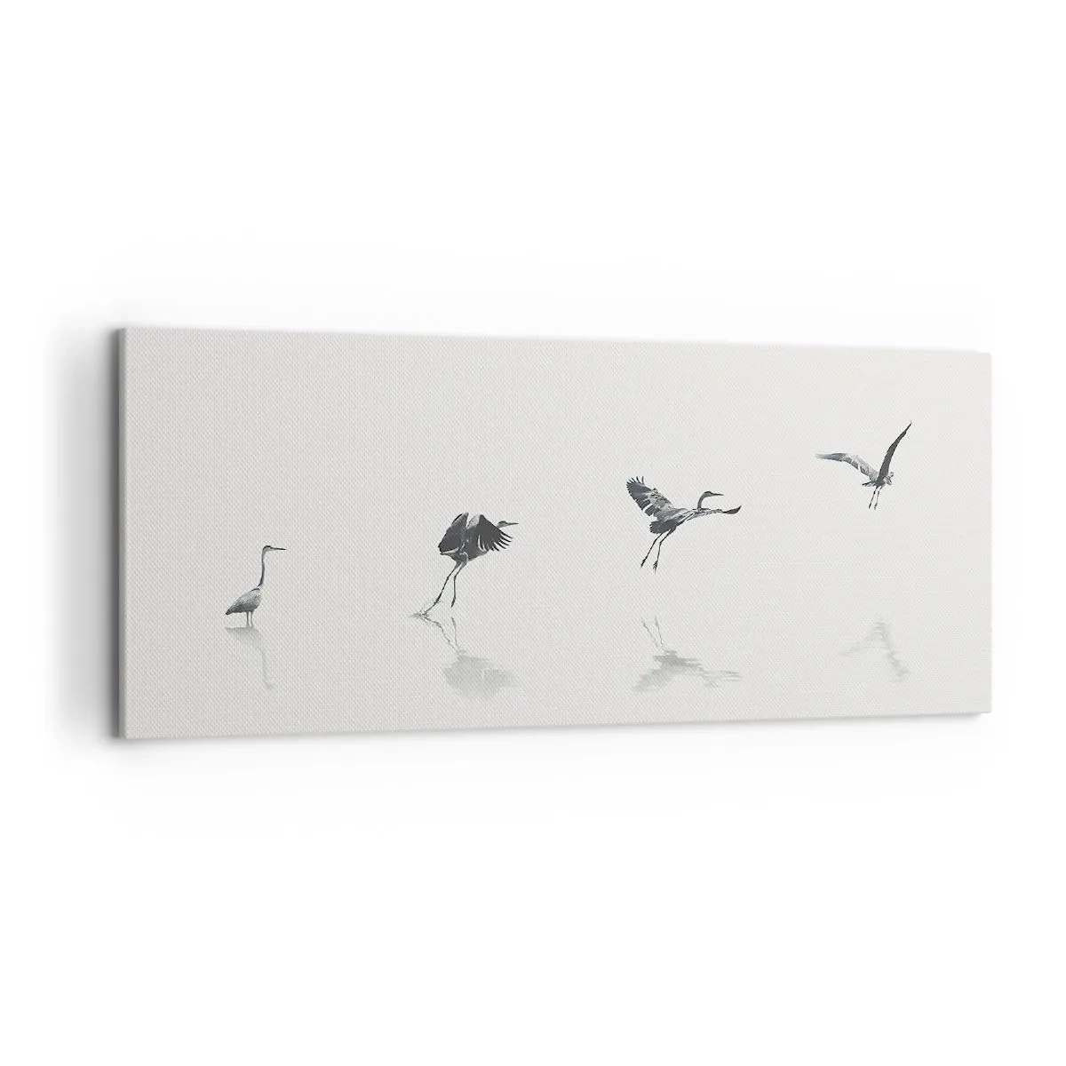 Impression sur toile - Image sur toile - Quatre silhouettes d'oiseaux se reflètent dans l'eau calme - 120x50cm - Quatre étapes simples - Décoration murale moderne pour le salon et la chambre ARTTOR